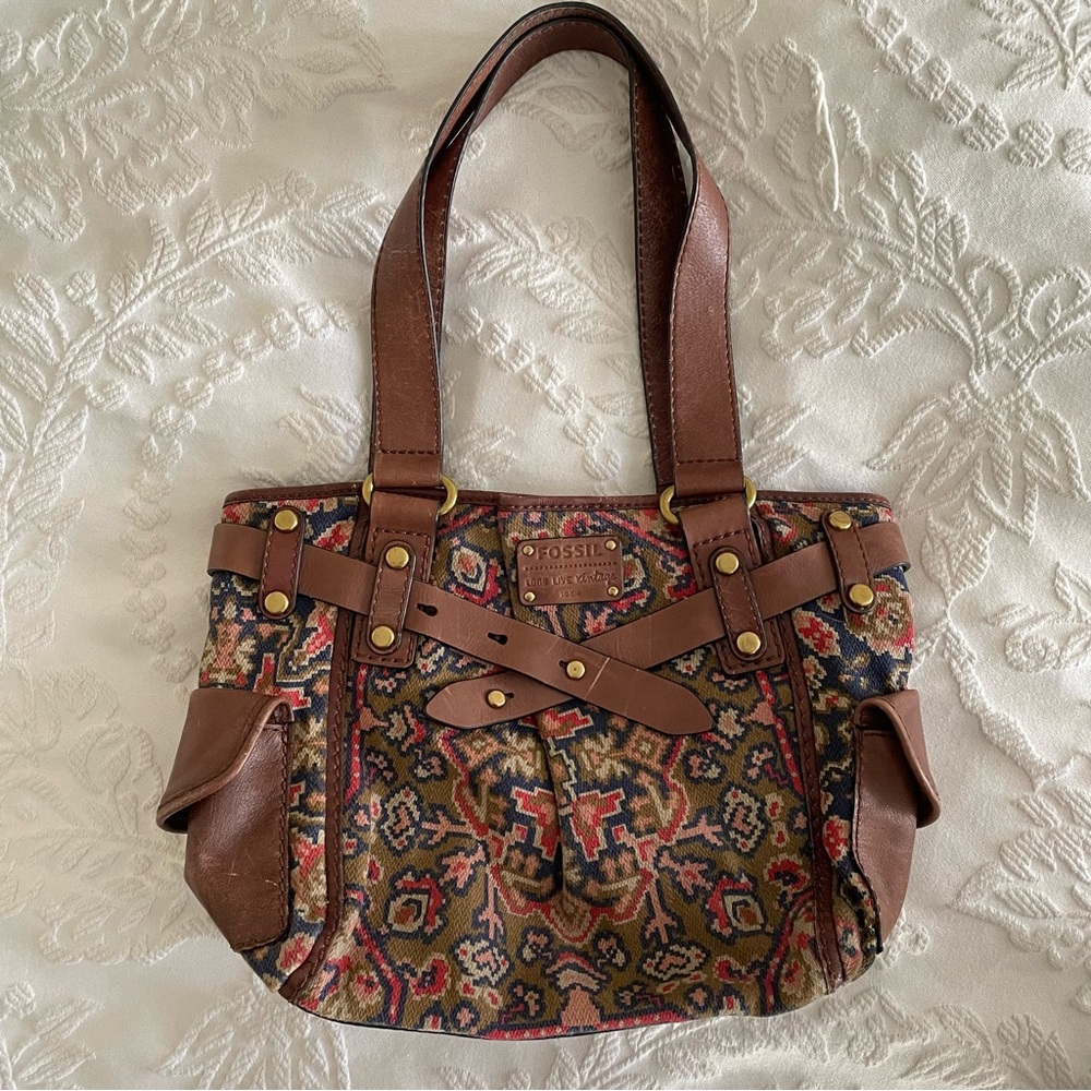 Fossil Bag, Fossil Long Live Vintage Bag, Leather & Tapestry Bag, Aztec Design - Picture 2 of 10